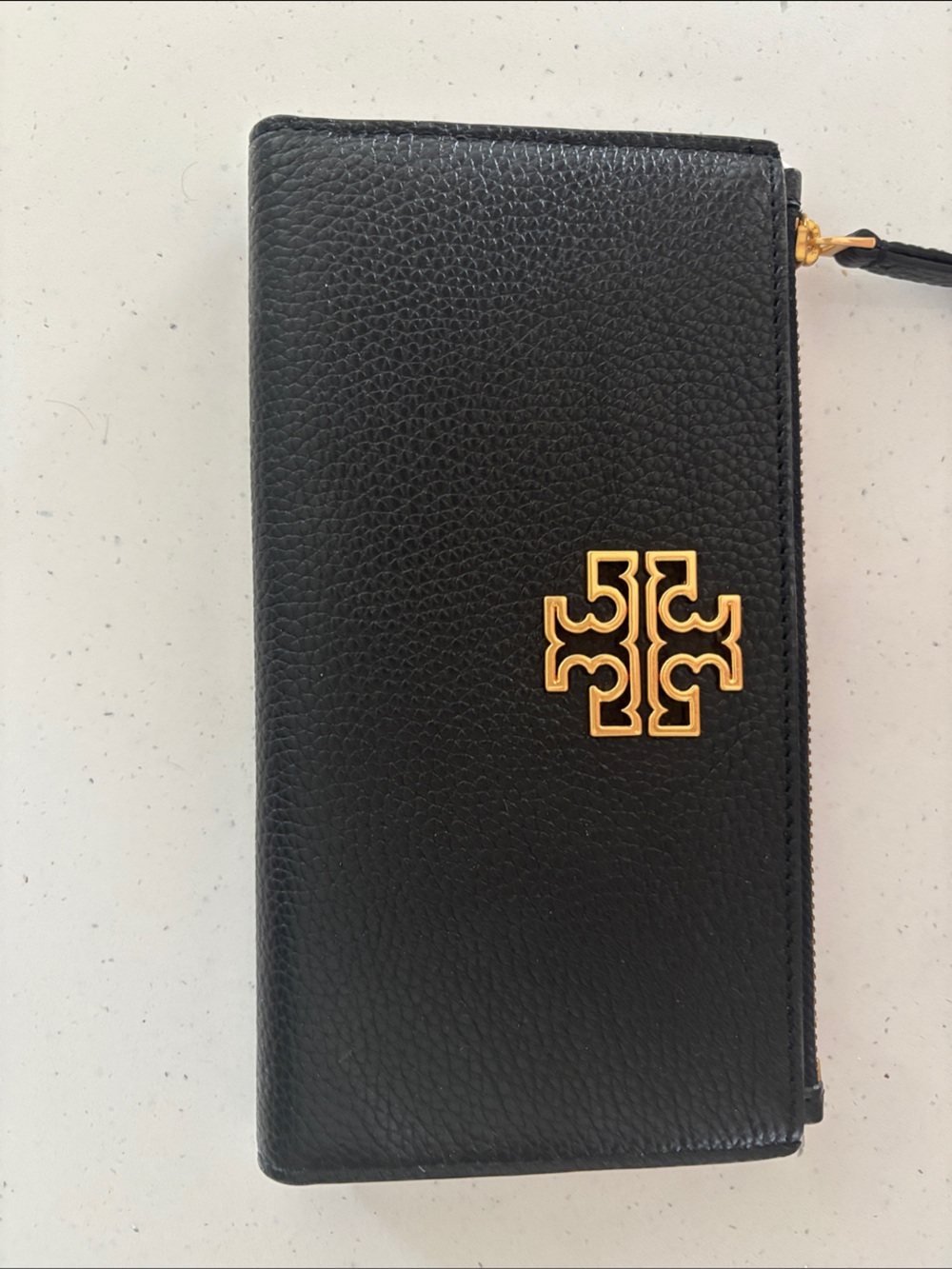 Tory Burch Black Pebbled Leather Zip-Around Wallet with Gold Logo
